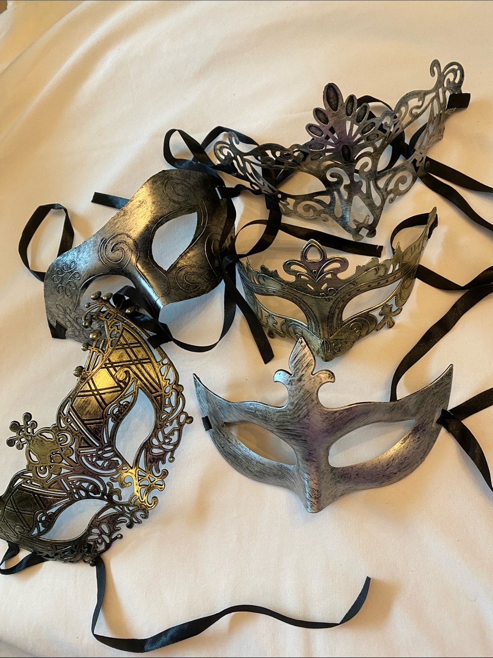Set of 60-Decorative Metallic Masquerade Masks- Black, Gold, Silver